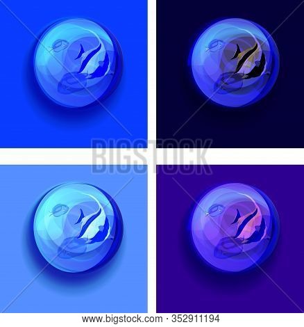Sea Fish In Blue Glass Transparent Bowl. Examples On Various Colored Backgrounds