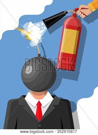 Stressed Out Businessman With Head Of Bomb Gets Help From Man With Extinguisher. Overworked Man With