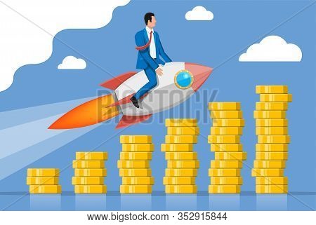 Successful Business Man Flying On Rocket On Coin Graph Going Up. Businessman On Flying Space Ship. N