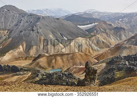 Fjallabak Volcanic Snowy Mountains And Blue Lakes. Iceland Stunning Landscape