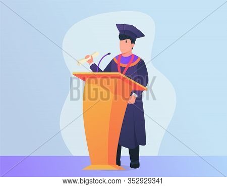 Graduation Speech Concept With Man Giving Speech On Podium With Modern Flat Style Vector