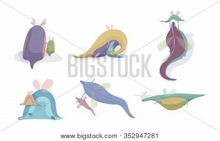 Cute Winged Dragons Playing With Their Cubs Vector Set