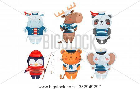 Funny Animals Sailors Wearing Striped Vest And Peakless Hat Vector Set