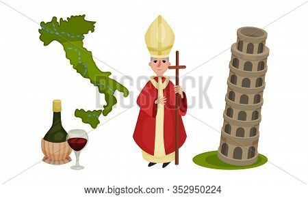 Italy Landmarks And Distinguishing Objects Like Tower Of Pisa And Bishop Vector Set