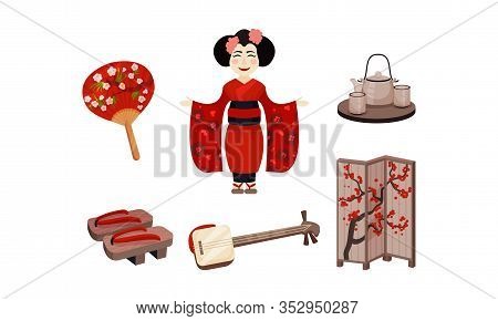 Japan Landmarks With Tea Ceremony And Geisha Vector Set