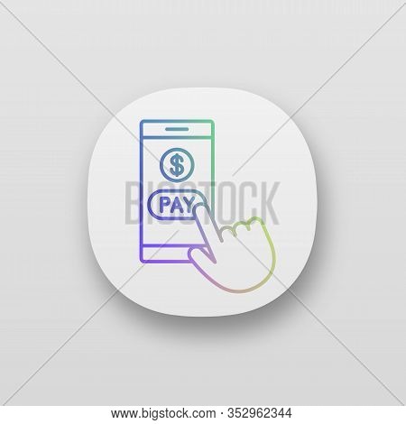 Online Payment App Icon. E-payment. Digital Purchase. Cashless Payments Smartphone App. Hand Pressin