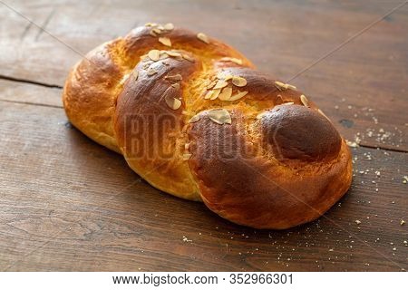 Sweet Bread, Easter Greek Tsoureki Braid On Wood Background