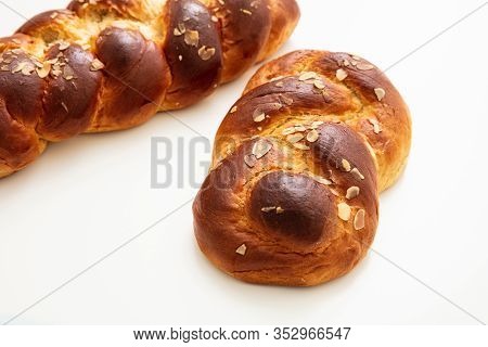 Easter Greek Tsoureki Braid, Sweet Bread Brioche Isolated On White