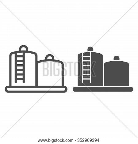 Fuel Storage Line And Solid Icon. Tank Farm With Liquid. Oil Industry Vector Design Concept, Outline