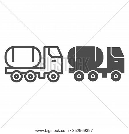 Fuel Tank On Truck Line And Solid Icon. Chemical Freight Transport. Oil Industry Vector Design Conce