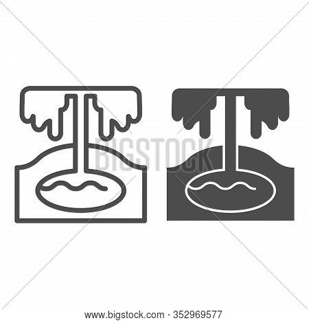 Natural Reservoir Line And Solid Icon. Drilling Platform And Geyser Or Vulcan, Oil And Gas Undergrou