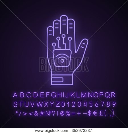 Human Microchip Implant In Hand Neon Light Icon. Nfc Implant. Implanted Rfid Transponder. Glowing Si