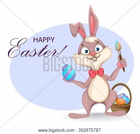 Happy Easter Greeting Card. Funny Cartoon Rabbit Holds Brush And Colored Egg. Stock Vector Illustrat