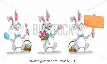Happy Easter. Funny Cartoon Rabbit, Set Of Three Poses. Stock Vector Illustration On White Backgroun