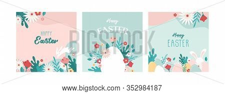 Happy Easter. Greeting Cards Or Posters With Bunny, Spring Flowers And Easter Egg. Egg Hunt Poster T