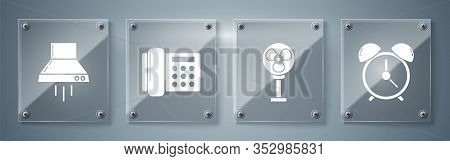 Set Alarm Clock , Electric Fan , Telephone And Kitchen Extractor Fan . Square Glass Panels. Vector
