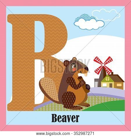 Vector Cartoon Flashcards Of Animal Alphabet, Letter B. Colorful Cartoon Illustration Of Letter And 