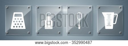 Set Measuring Cup, Kitchen Whisk , Kitchen Apron And Grater . Square Glass Panels. Vector
