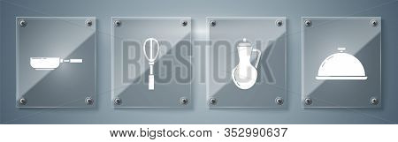 Set Covered With A Tray Of Food , Bottle Of Olive Oil , Kitchen Whisk And Frying Pan . Square Glass 