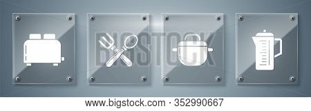 Set Teapot , Cooking Pot , Crossed Fork And Spoon And Toaster With Toasts . Square Glass Panels. Vec