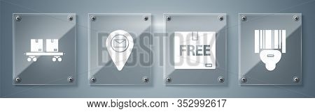 Set Scanner Scanning Bar Code , Cardboard Box With Free Symbol , Placeholder On Map Paper And Railwa