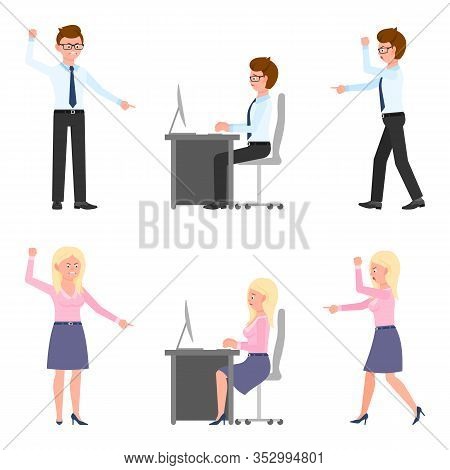 Angry, Stressed, Desperate, Upset, Sad Office Boy And Girl Vector Illustration. Shouting, Pointing F