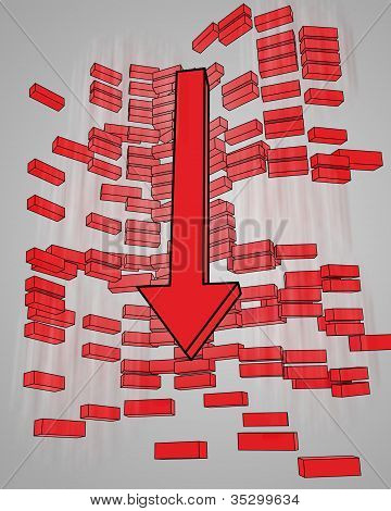 concetto di bussines con muro rosso da segni meno con la diminuzione della freccia