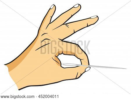 Human Hand Holding Needle Vector Drawing On Isolated Background Pin Held By Thumb Index Finger Pierc