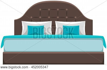 Double Wooden Bed In Flat Design For Bedroom, Hotel Room. Cartoon Furniture Icon Isolated On White B