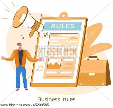 Business Rules. Businessman Near Rules Checklist Explains Order. Principles And Strategy Of Company 