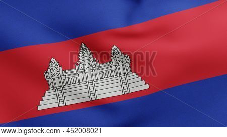 National Flag Of Cambodia Waving 3d Render, Kingdom Of Cambodia Flag Textile, Angkor Wat Or Lon Nols