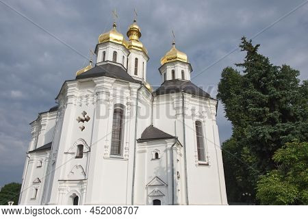 Beautiful Cloudy Sky Over The Ancient Orthodox Church Of St. Catherine In The Ukrainian City Of Cher