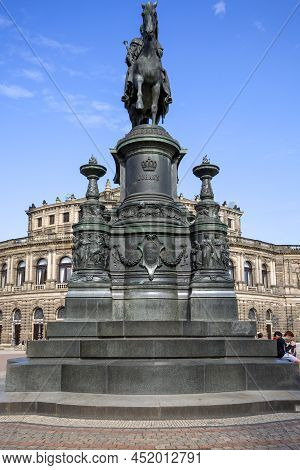 Dresden, Germany - September 23, 2020 : Equestrian Statue Of King Jan Wettin In Front Of Semperoper,