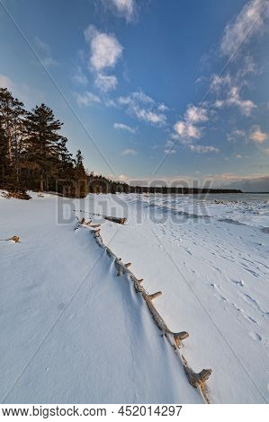 The Europe Bay Shore On Lakre Michigan Is Coated With Fresh Snow, Newport State Park, Door County, W