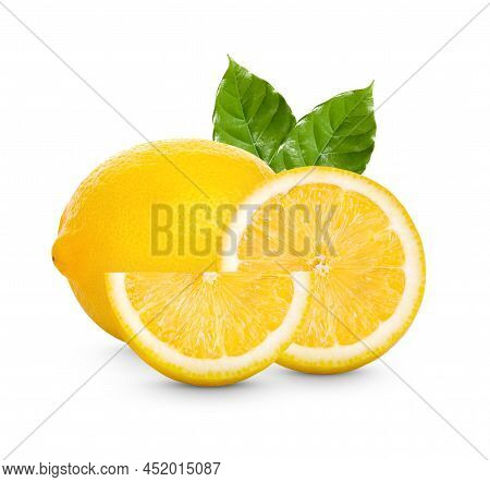 Fresh Lemon With Leaves Isolated On White Background