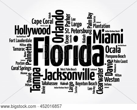 List Of Cities In Florida Usa State, Word Cloud Concept Background