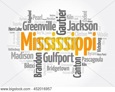 List Of Cities In Mississippi Usa State, Word Cloud Concept Background
