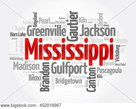 List Of Cities In Mississippi Usa State, Word Cloud Concept Background