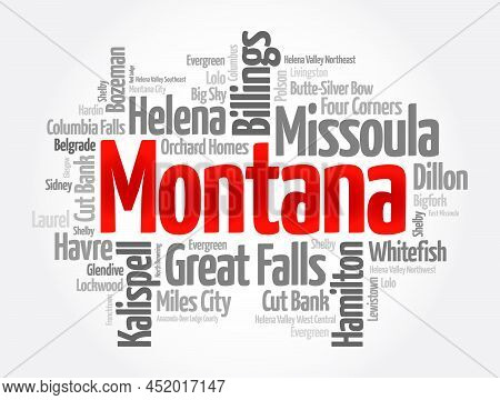 List Of Cities In Montana Usa State, Word Cloud Concept Background