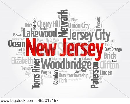 List Of Cities In New Jersey Usa State, Word Cloud Concept Background