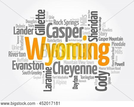 List Of Cities In Wyoming Usa State, Word Cloud Concept Background
