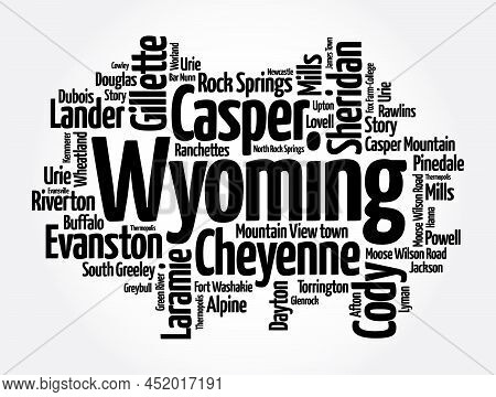 List Of Cities In Wyoming Usa State, Word Cloud Concept Background