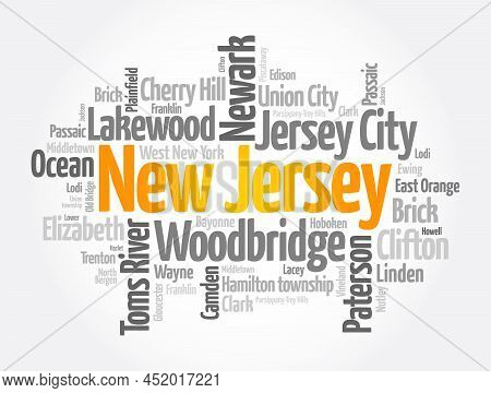 List Of Cities In New Jersey Usa State, Word Cloud Concept Background