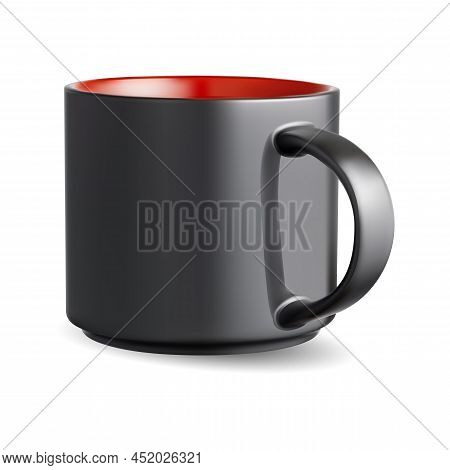 Tea Mug. Black Ceramic Handle Cup Blank. Hot Drink Mug, Coffee Beverage Vector Mockup With Photoreal