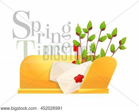 Vector Isolated Illustration Yellow Vintage Open Mailbox, In Which Willow Branches With Budding Buds