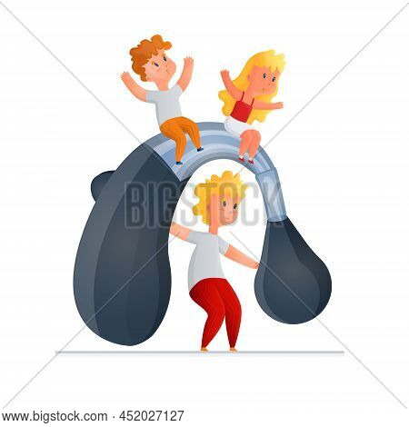 Vector Illustration Enlarged Hearing Aid On Which Children Are Sitting. Concept Treatment Of Hearing