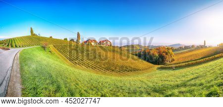 Fabulous Vineyards Landscape In South Styria Near Gamlitz. Autumn Scene Of Grape Hills In Popular Tr
