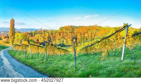 Stunning Vineyards Landscape In South Styria Near Gamlitz. Autumn Scene Of Grape Hills In Popular Tr