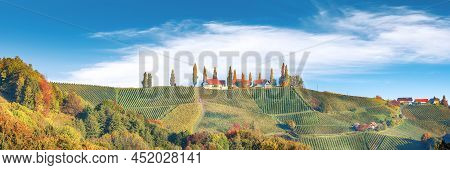 Breathtaking Vineyards Landscape In South Styria Near Gamlitz. Autumn Scene Of Grape Hills In Popula