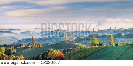 Fabulous Vineyards Landscape In South Styria Near Gamlitz. Autumn Scene Of Grape Hills In Popular Tr